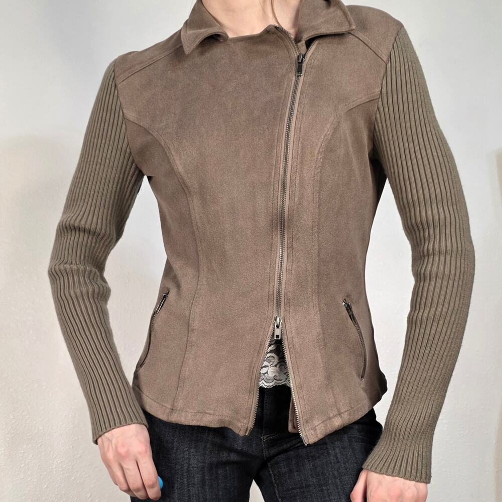 Fitted Faux Suede Moto Jacket Taupe Size Small